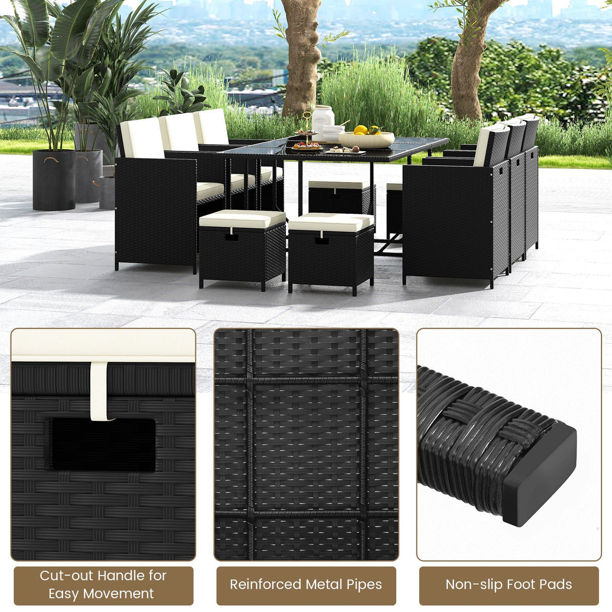 Juego de comedor de patio de 11 piezas, sillas de mimbre y mesa de vidrio templado con cojines impermeables - Negro y blanco