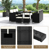 Juego de comedor de patio de 11 piezas, sillas de mimbre y mesa de vidrio templado con cojines impermeables - Negro y blanco