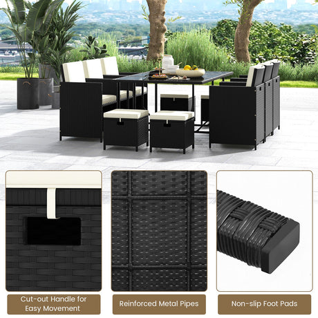 Juego de comedor de patio de 11 piezas, sillas de mimbre y mesa de vidrio templado con cojines impermeables - Negro y blanco