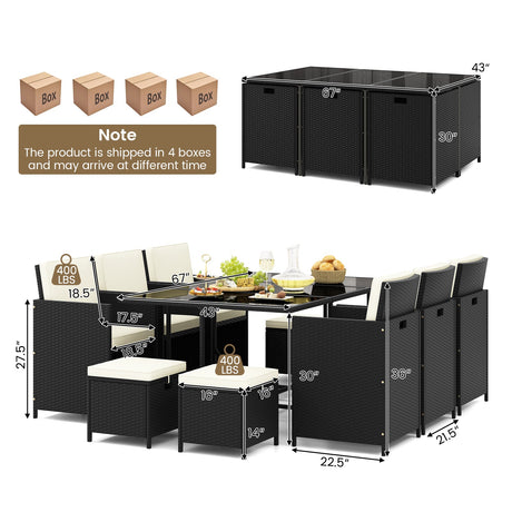 Juego de comedor de patio de 11 piezas, sillas de mimbre y mesa de vidrio templado con cojines impermeables - Negro y blanco