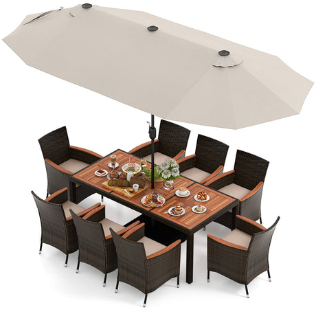Juego de comedor para patio de 11 piezas con sombrilla de doble cara de 4,5 metros y base