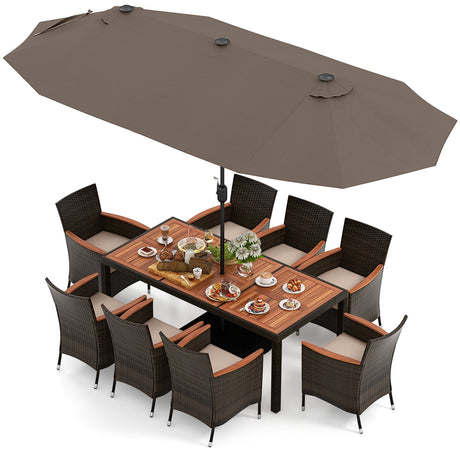 Juego de comedor para patio de 11 piezas con sombrilla de doble cara de 4,5 metros y base