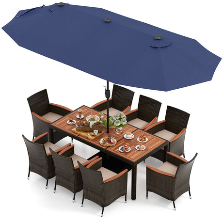 Juego de comedor para patio de 11 piezas con sombrilla de doble cara de 4,5 metros y base