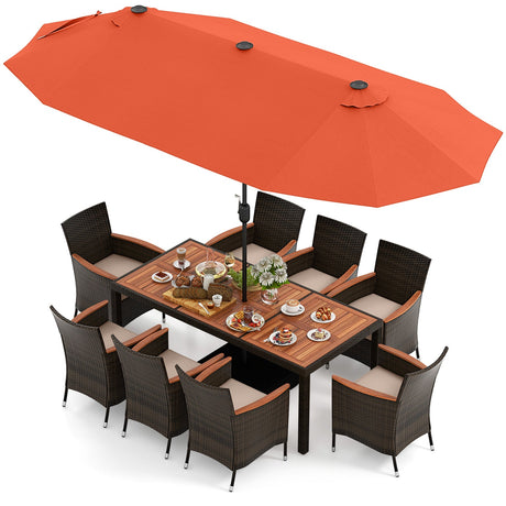 Juego de comedor para patio de 11 piezas con sombrilla de doble cara de 4,5 metros y base