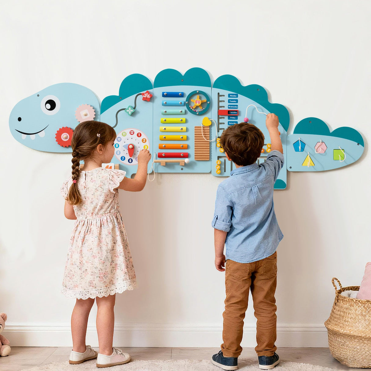 Paneles de pared de actividades de dinosaurios 11 en 1, tablero ocupado para educación y desarrollo temprano de niños pequeños