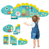 Paneles de pared de actividades de dinosaurios 11 en 1, tablero ocupado para educación y desarrollo temprano de niños pequeños