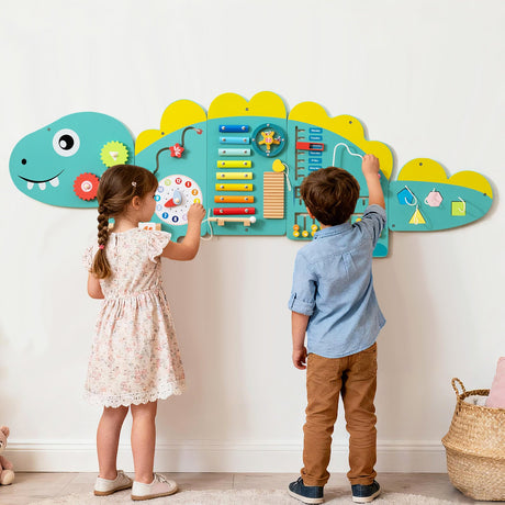 Paneles de pared de actividades de dinosaurios 11 en 1, tablero ocupado para educación y desarrollo temprano de niños pequeños