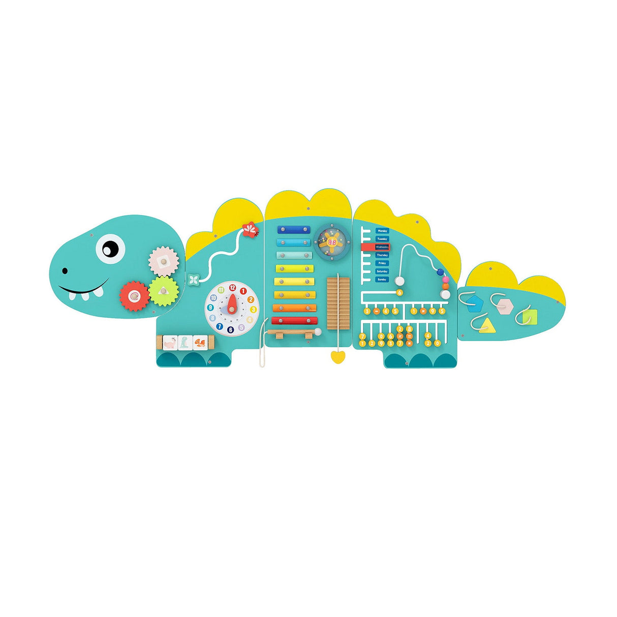 Paneles de pared de actividades de dinosaurios 11 en 1, tablero ocupado para educación y desarrollo temprano de niños pequeños