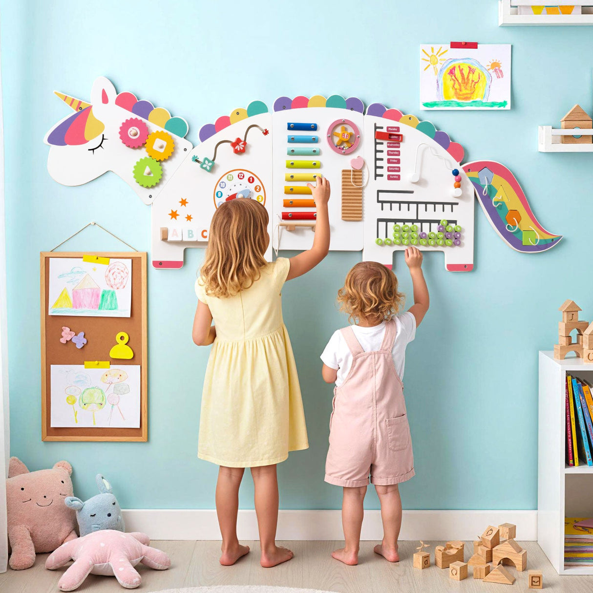 Paneles de pared de actividades de dinosaurios 11 en 1, tablero ocupado para educación y desarrollo temprano de niños pequeños