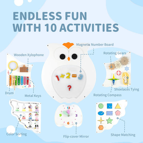 Centro de actividades de aprendizaje 11 en 1 para niños pequeños, paneles de pared con actividades de búho para niños de 3+ años