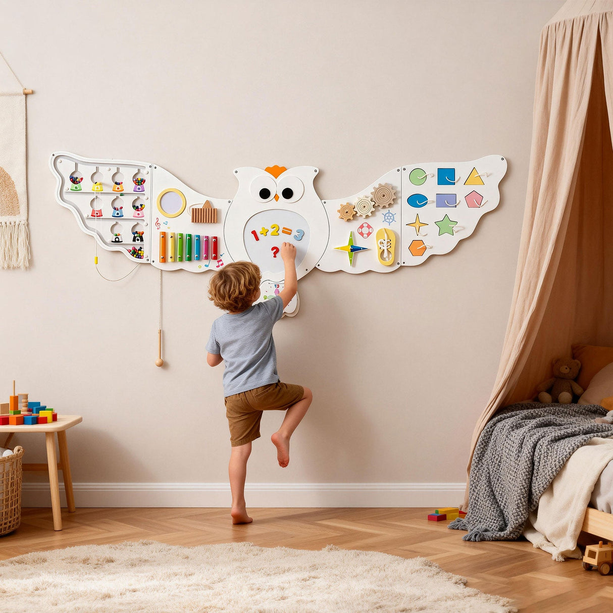 Centro de actividades de aprendizaje 11 en 1 para niños pequeños, paneles de pared con actividades de búho para niños de 3+ años