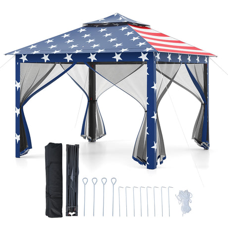 Carpa Cenador Plegable de 11 x 11 Pies con 2 Niveles, Toldo Portátil, Bolsa de Transporte, Malla