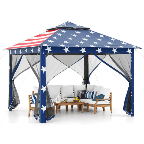 Carpa Cenador Plegable de 11 x 11 Pies con 2 Niveles, Toldo Portátil, Bolsa de Transporte, Malla