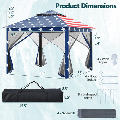 Carpa Cenador Plegable de 11 x 11 Pies con 2 Niveles, Toldo Portátil, Bolsa de Transporte, Malla