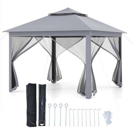 Carpa Cenador Plegable de 11 x 11 Pies con 2 Niveles, Toldo Portátil, Bolsa de Transporte, Malla