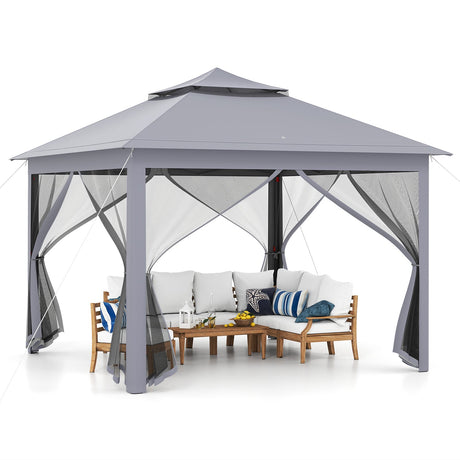 Carpa Cenador Plegable de 11 x 11 Pies con 2 Niveles, Toldo Portátil, Bolsa de Transporte, Malla