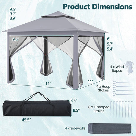 Carpa Cenador Plegable de 11 x 11 Pies con 2 Niveles, Toldo Portátil, Bolsa de Transporte, Malla