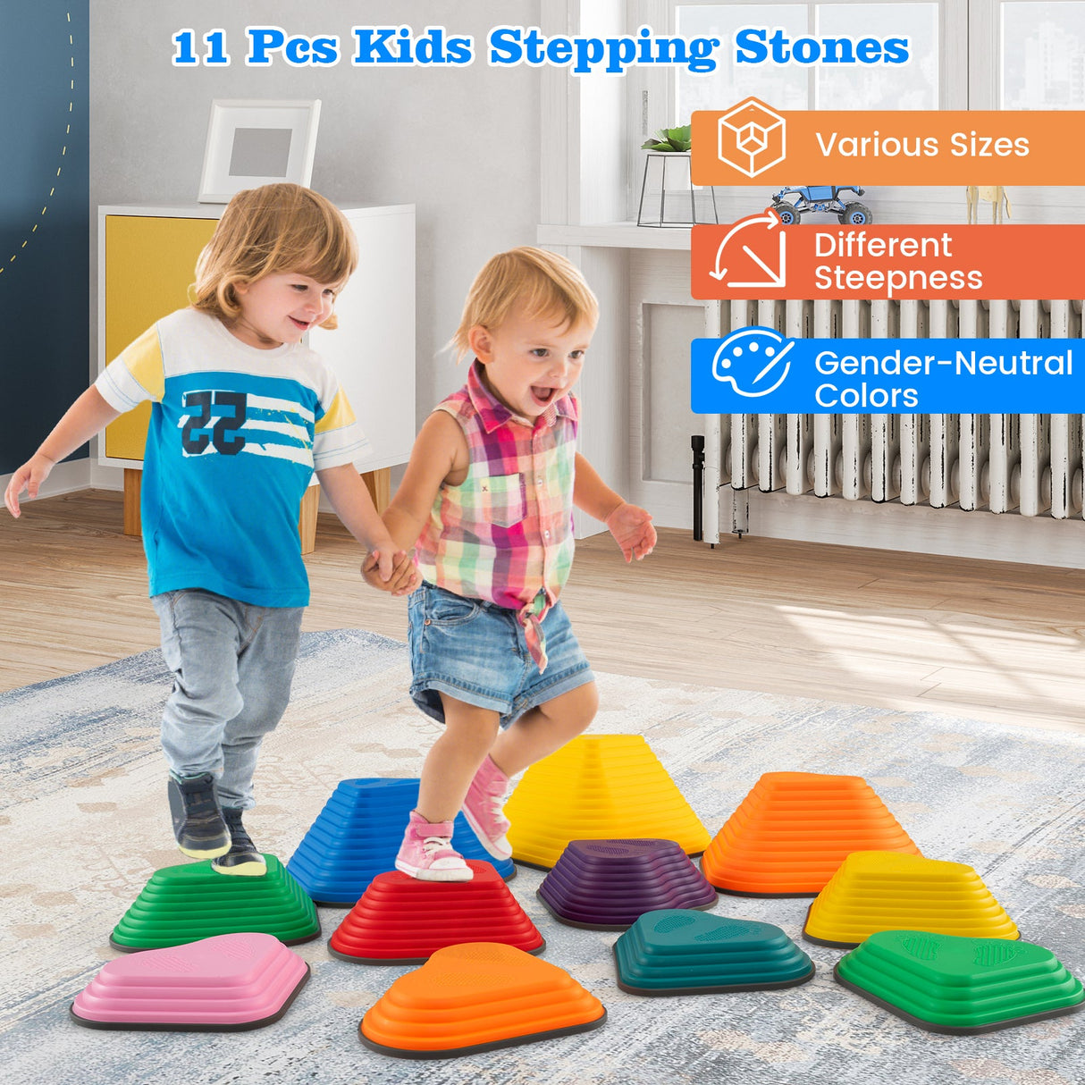 11 Piezas Bloques de Equilibrio Apilables para Niños - Escalones de Piedra - Interiores y Exteriores - Multicolor
