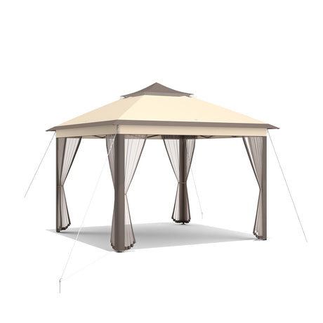 Carpa Cenador Plegable de 11 x 11 Pies con 2 Niveles, Toldo Portátil, Bolsa de Transporte, Malla