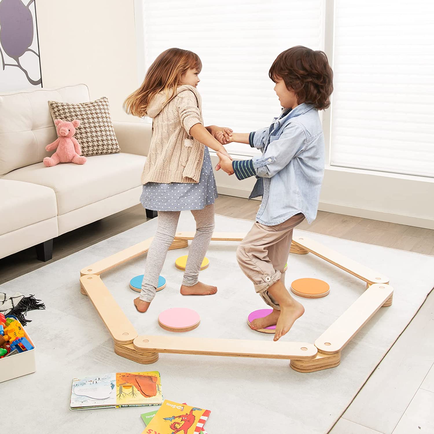 Viga 12 piezas de madera con vigas de equilibrio y piedras de paso de colores para niños
