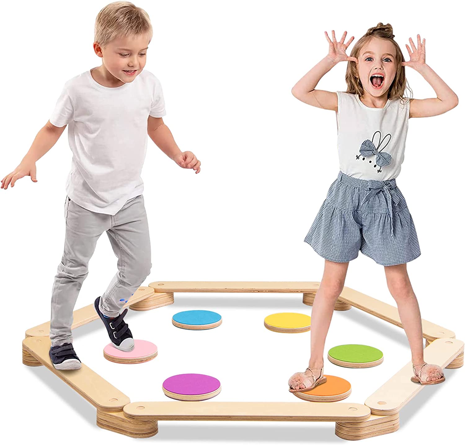 Viga 12 piezas de madera con vigas de equilibrio y piedras de paso de colores para niños