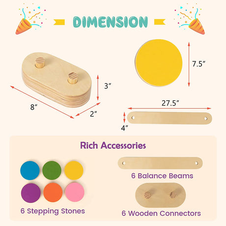 Viga 12 piezas de madera con vigas de equilibrio y piedras de paso de colores para niños