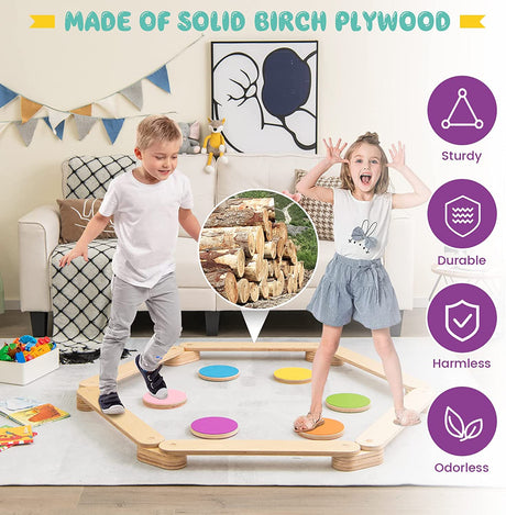 Viga 12 piezas de madera con vigas de equilibrio y piedras de paso de colores para niños