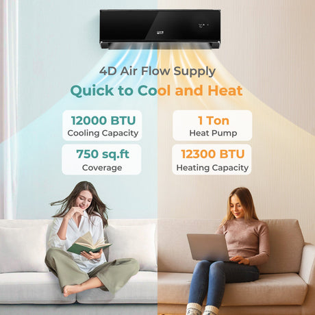Aire acondicionado y calefactor mini split con Wi-Fi de 12000 BTU 22 SEER2 208-230V negro
