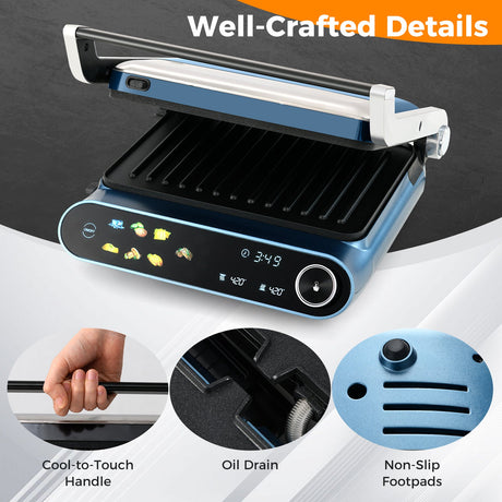 Prensa Panini y Parrilla de 1200 W con pantalla LED y 7 modos de cocción - Azul