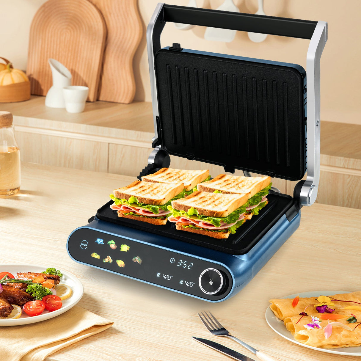 Prensa Panini y Parrilla de 1200 W con pantalla LED y 7 modos de cocción - Azul