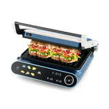 Prensa Panini y Parrilla de 1200 W con pantalla LED y 7 modos de cocción - Azul