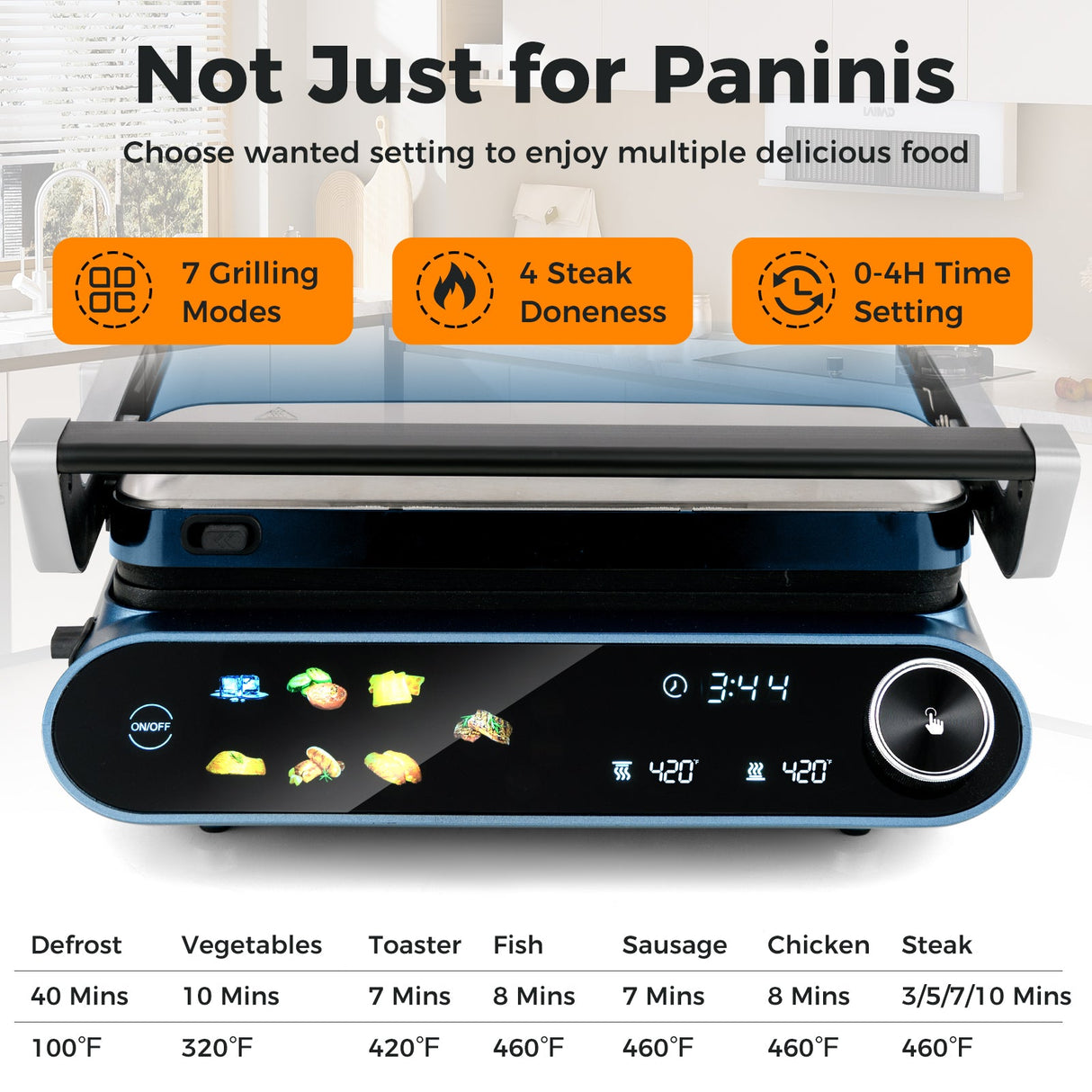 Prensa Panini y Parrilla de 1200 W con pantalla LED y 7 modos de cocción - Azul