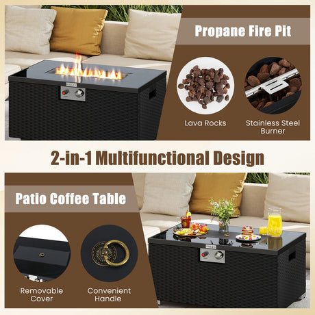 Juego de 2 piezas de mesa de fuego de ratán para exterior, fogón de gas rectangular de 32 pulgadas con cubierta para el tanque