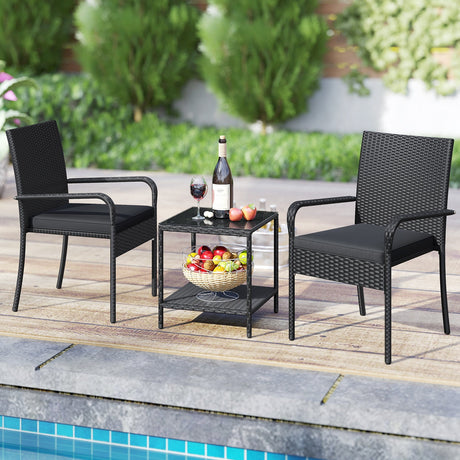 Juego de muebles de patio de 3 piezas con cojines de asiento y mesa con cubierta de vidrio templado