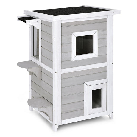 Casa de madera para gatos de 2 pisos con puerta de escape a prueba de lluvia