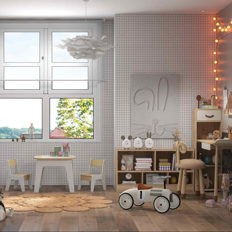 Paquete de 3 piezas para habitación infantil: cama individual de madera con forma de casa + juego de mesa y sillas infantiles + estantería infantil de 2 niveles