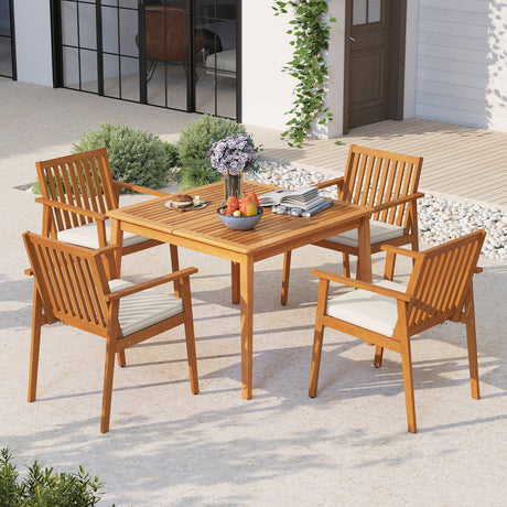 2 Sillas de comedor de patio Sillas de exterior de madera de acacia con cojín acolchado extraíble