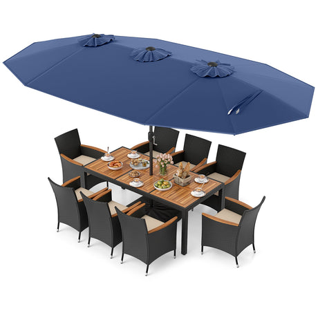 Juego de comedor para exteriores de 10 piezas con sombrilla doble de 4.5 metros