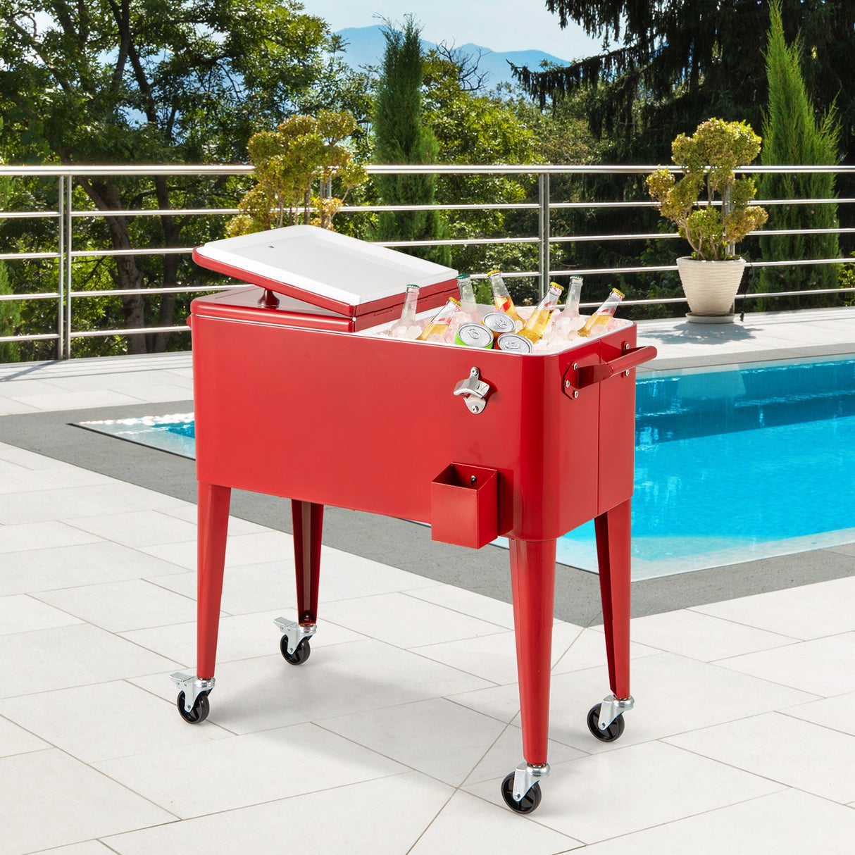 Carrito enfriador portátil rojo para patio exterior