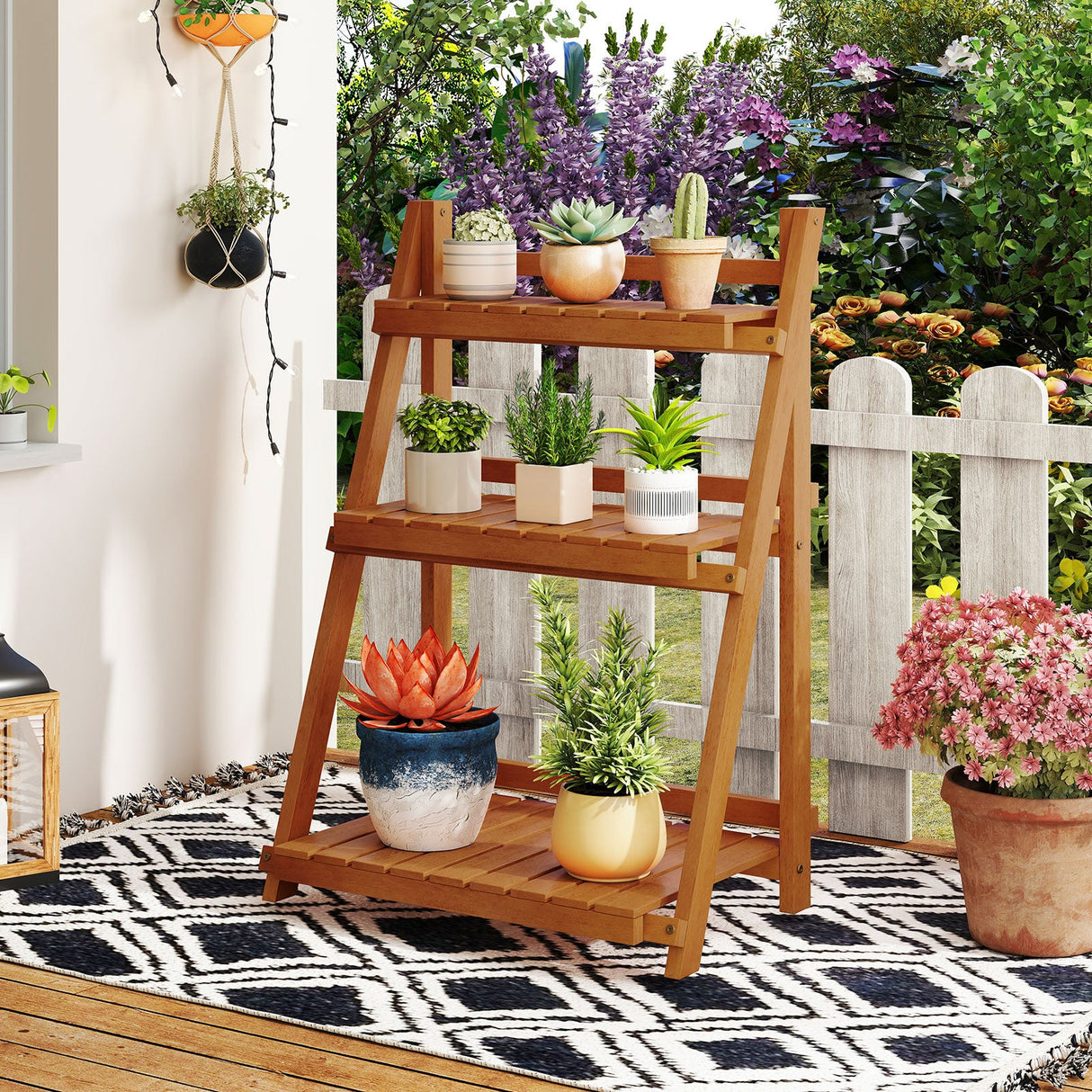 Soporte plegable de madera maciza de 3 niveles para plantas para balcón o patio