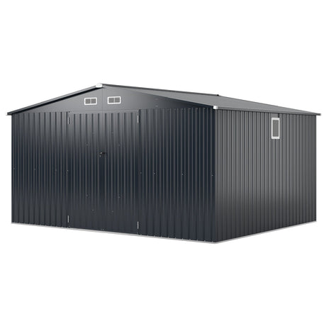 Cobertizo de almacenamiento para exteriores de 12 x 9.8 pies con puerta con cerradura y techo a dos aguas - Gris