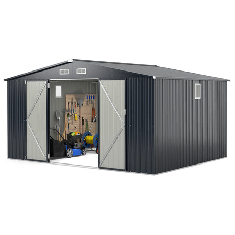 Cobertizo de almacenamiento para exteriores de 12 x 9.8 pies con puerta con cerradura y techo a dos aguas - Gris