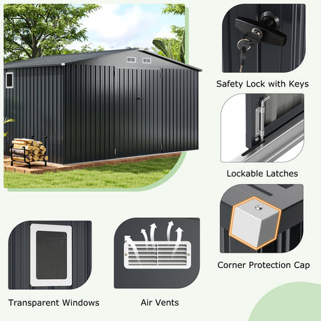 Cobertizo de almacenamiento para exteriores de 12 x 9.8 pies con puerta con cerradura y techo a dos aguas - Gris