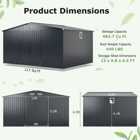 Cobertizo de almacenamiento para exteriores de 12 x 9.8 pies con puerta con cerradura y techo a dos aguas - Gris