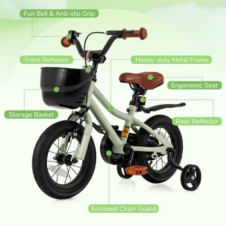 Bicicleta infantil de 14 pulgadas ajustable con ruedas de entrenamiento para niños de 3 a 5 años