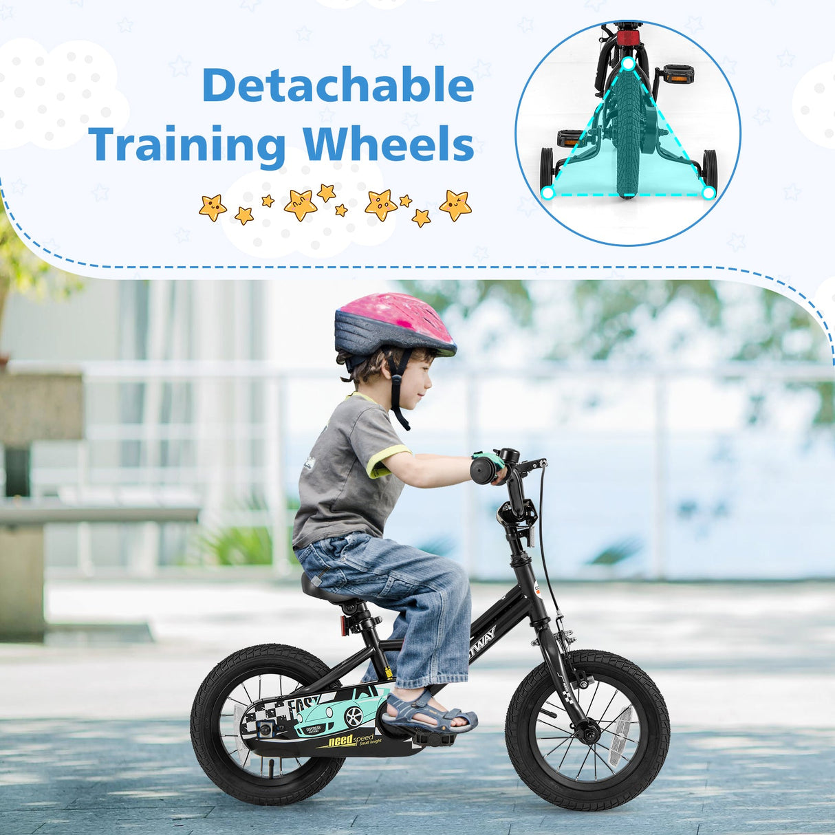 Bicicleta infantil de 12 pulgadas, ajustable para niños de 3 a 4 años, con cuadro de paso bajo
