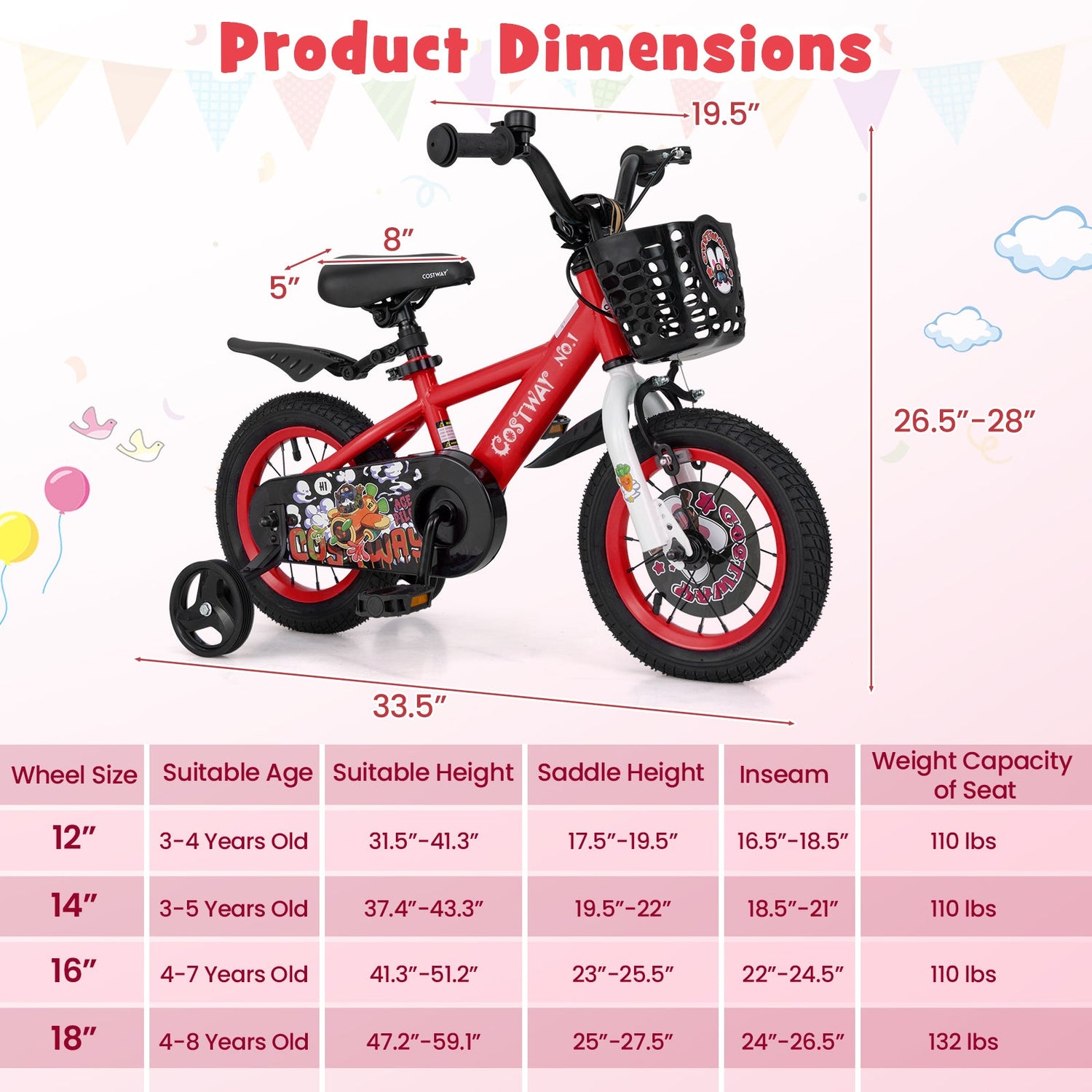 14 Inch Kids Bike Adjustable with Storage Basket and Double Brake for 3-5 Years Old-14 inches