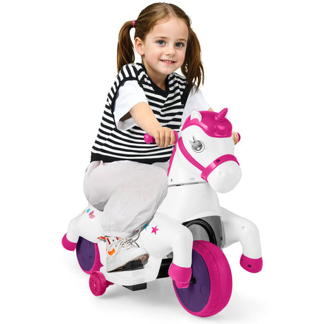 Juguete montable de unicornio de 12 V con ruedas de entrenamiento y modo de paseo a caballo