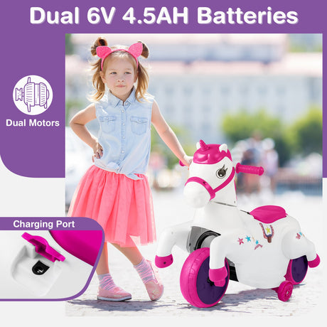 Juguete montable de unicornio de 12 V con ruedas de entrenamiento y modo de paseo a caballo
