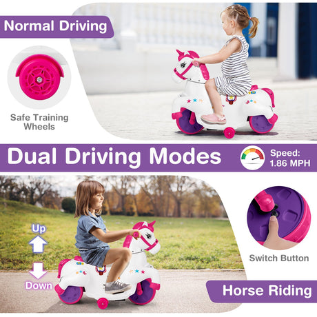 Juguete montable de unicornio de 12 V con ruedas de entrenamiento y modo de paseo a caballo